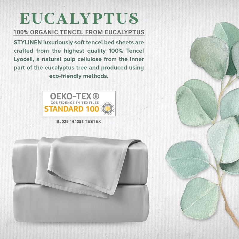 Stylinen 100% Organic Eucalyptus Bed Sheets Full Size 4 Piece Set, Tencel Lyocell, Silky Soft & Smooth, Breathable, 16 Inch Deep Pockets, 1 Fitted, 1 Flat, 2 Pillowcases (Full, Silver Pearl) - Image 2